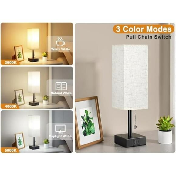 Bedside Table Lamp with USB Ports 3 Color Modes Nightstand Lamp for Bedroom - Picture 3 of 7